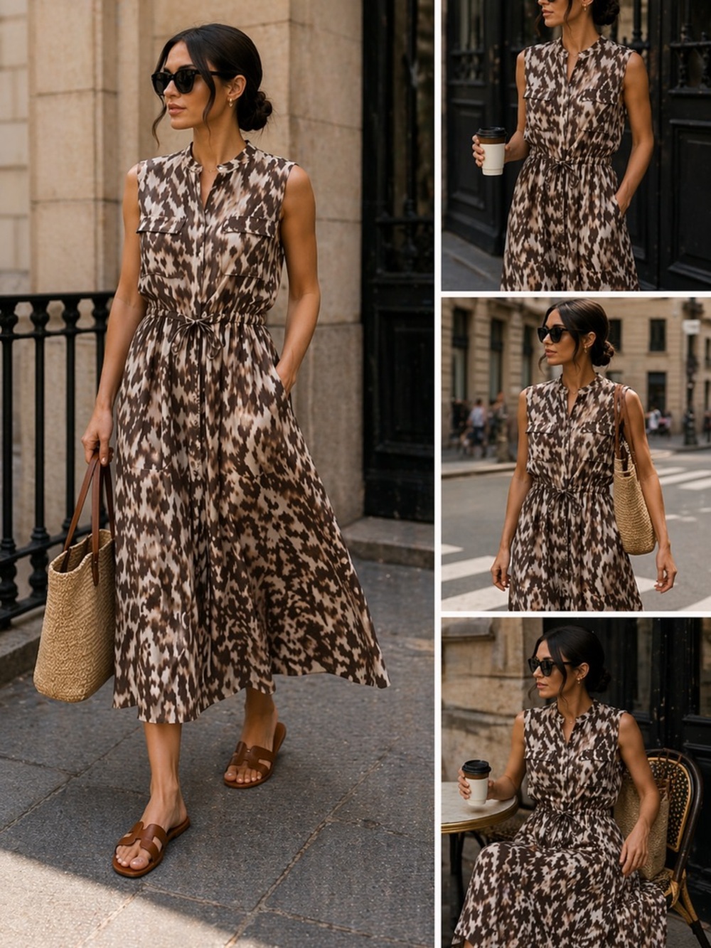 Vince Silk Blend Midi Dress Sleeveless Tie Waist Brown Abstract Print Size M